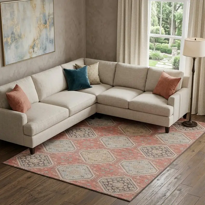 8' Salmon Beige And Gray Floral Washable Area Rug With UV Protection Photo 1