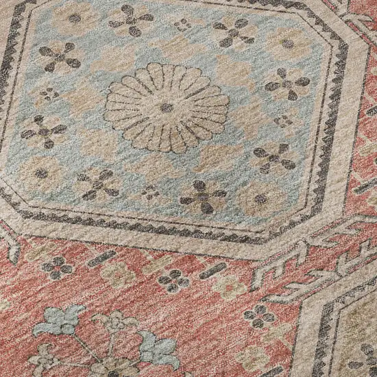 8' Salmon Beige And Gray Floral Washable Area Rug With UV Protection Photo 9