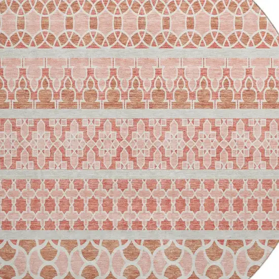 8' Salmon Beige And Ivory Ikat Washable Round Rug With UV Protection Photo 3