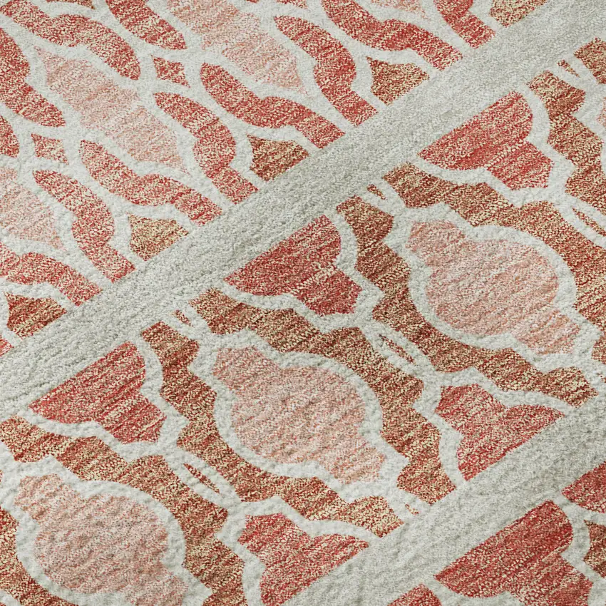 8' Salmon Beige And Ivory Ikat Washable Round Rug With UV Protection Photo 9