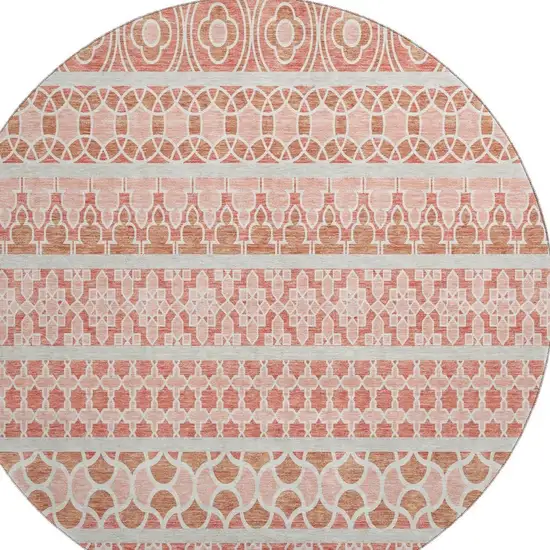8' Salmon Beige And Ivory Ikat Washable Round Rug With UV Protection Photo 4