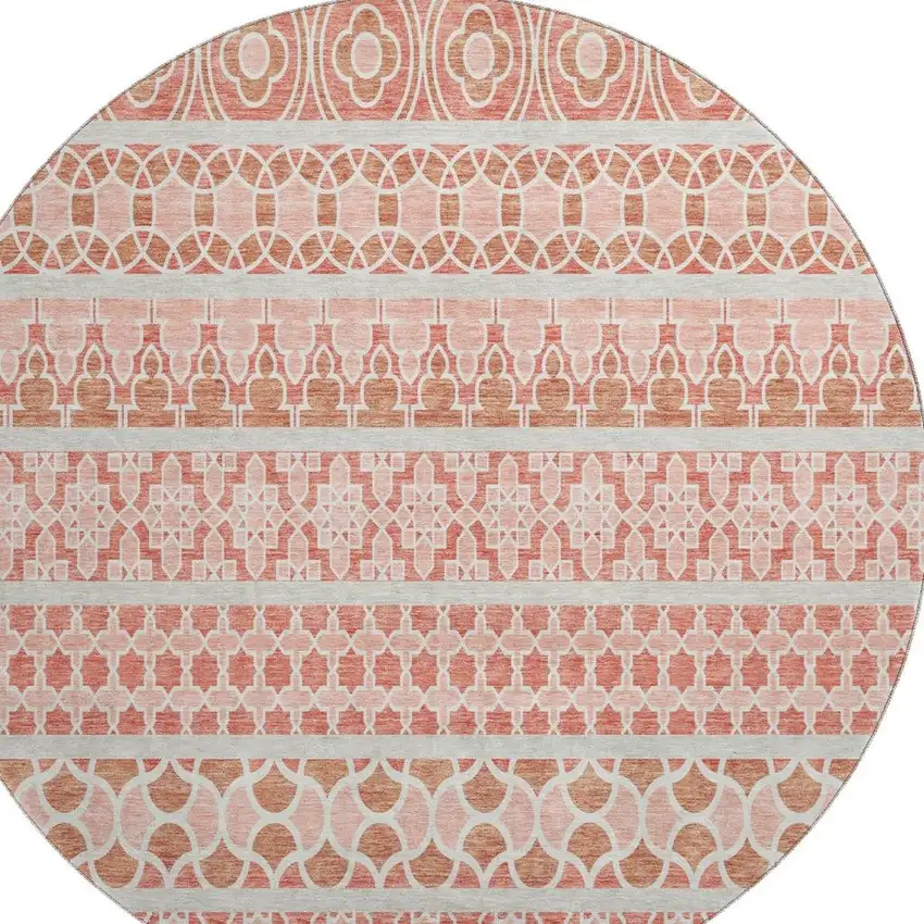 8' Salmon Beige And Ivory Ikat Washable Round Rug With UV Protection Photo 4