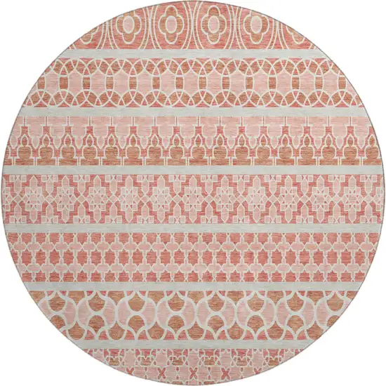 8' Salmon Beige And Ivory Ikat Washable Round Rug With UV Protection Photo 1