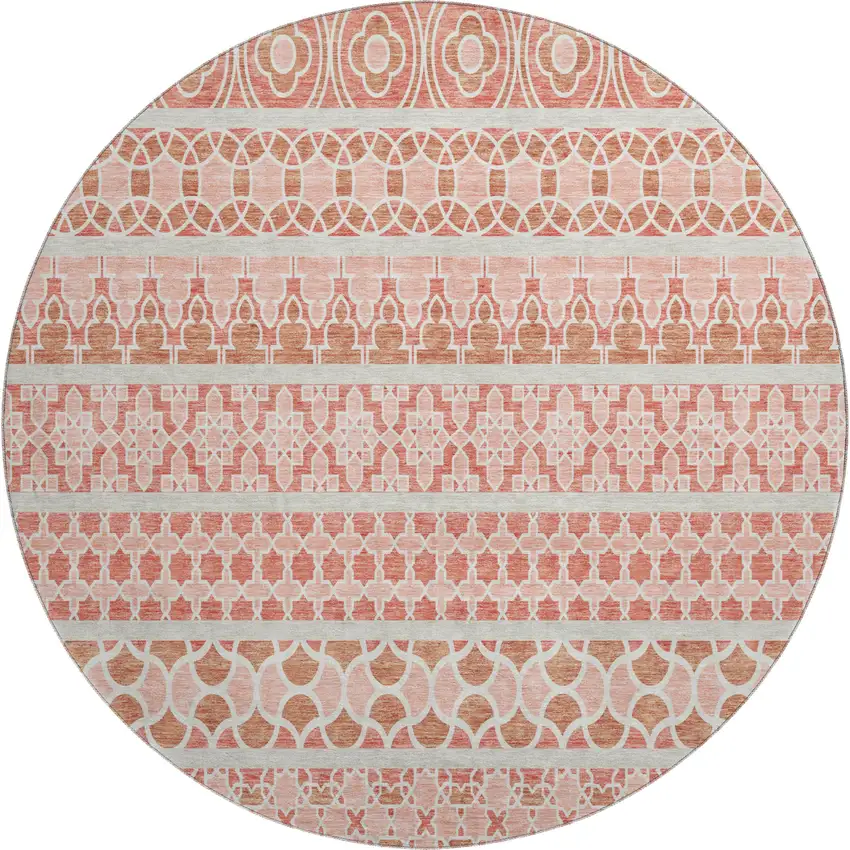 8' Salmon Beige And Ivory Ikat Washable Round Rug With UV Protection Photo 1