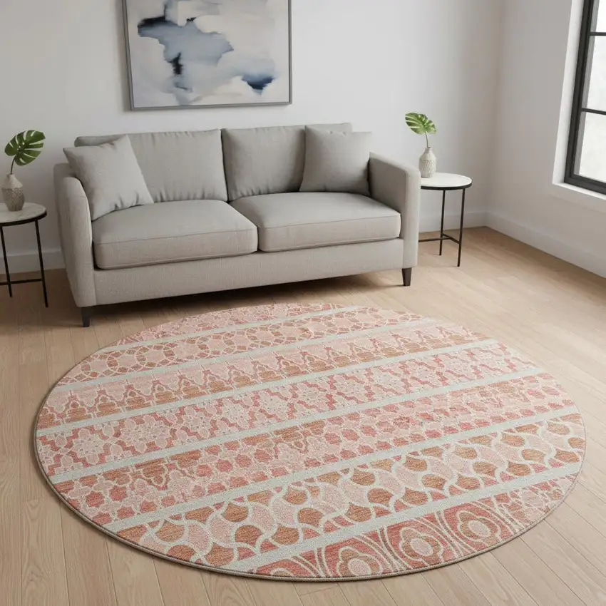 8' Salmon Beige And Ivory Ikat Washable Round Rug With UV Protection Photo 2
