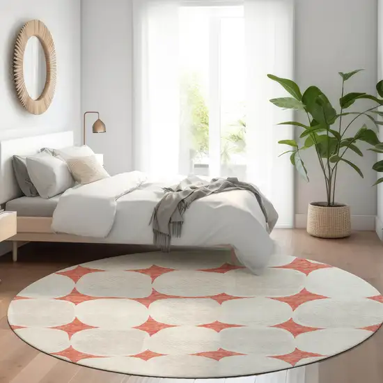 8' Salmon Beige And Ivory Round Abstract Washable Indoor Outdoor Area Rug Photo 8