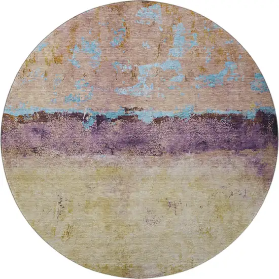 8' Salmon Blue And Gold Abstract Washable Round Rug With UV Protection Photo 3