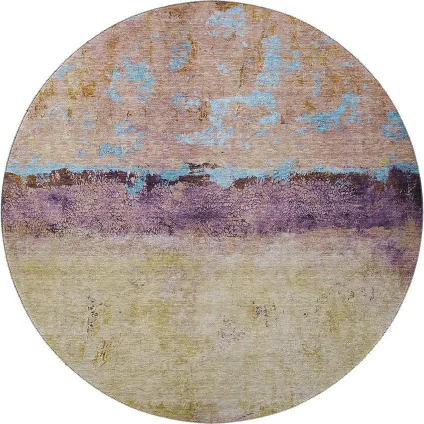 8' Salmon Blue And Gold Abstract Washable Round Rug With UV Protection Photo 3