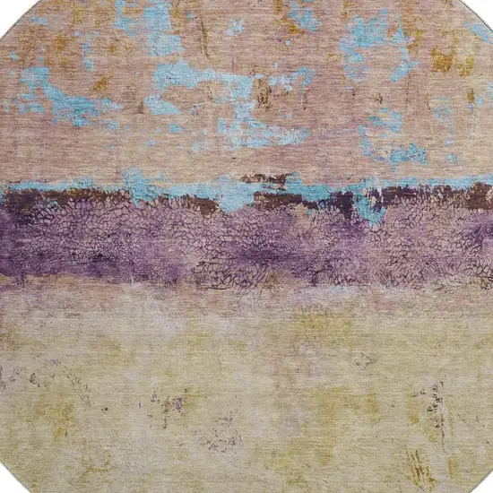 8' Salmon Blue And Gold Abstract Washable Round Rug With UV Protection Photo 2