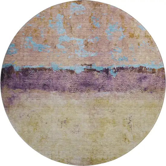 8' Salmon Blue And Gold Abstract Washable Round Rug With UV Protection Photo 1