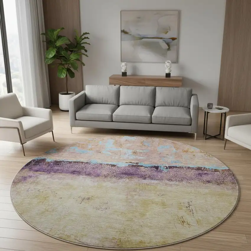 8' Salmon Blue And Gold Abstract Washable Round Rug With UV Protection Photo 2