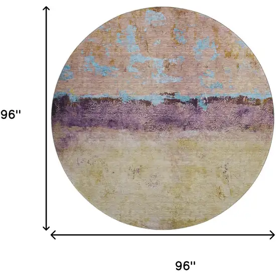 8' Salmon Blue And Gold Abstract Washable Round Rug With UV Protection Photo 9