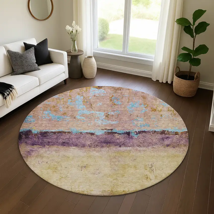 8' Salmon Blue And Gold Abstract Washable Round Rug With UV Protection Photo 4