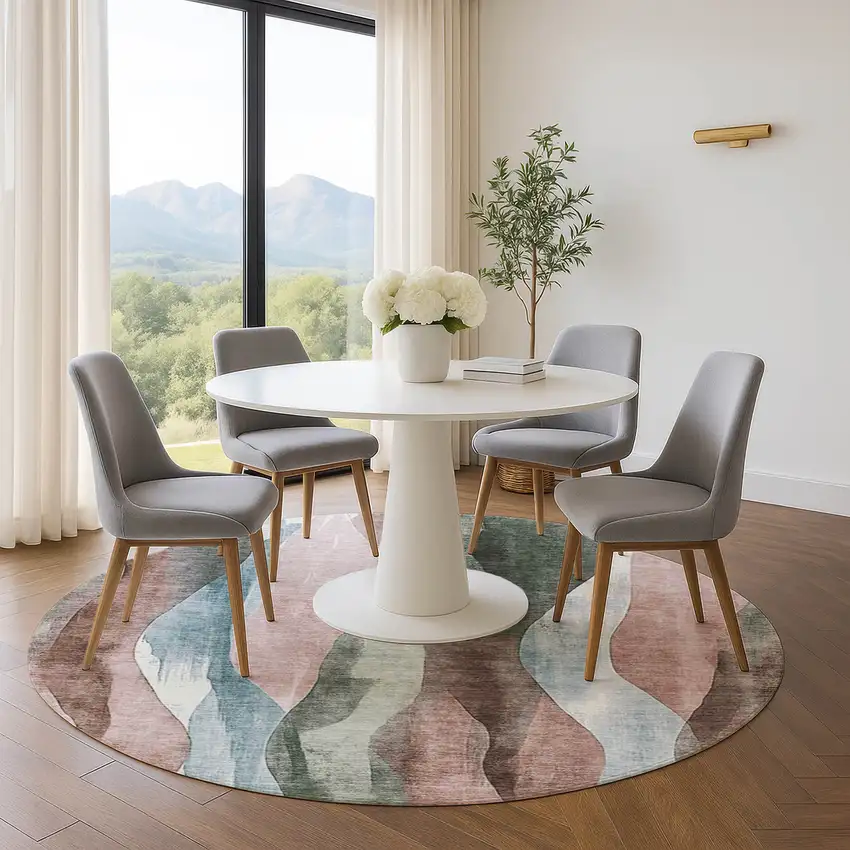 8' Salmon Blue And Mauve Abstract Washable Round Rug With UV Protection Photo 5