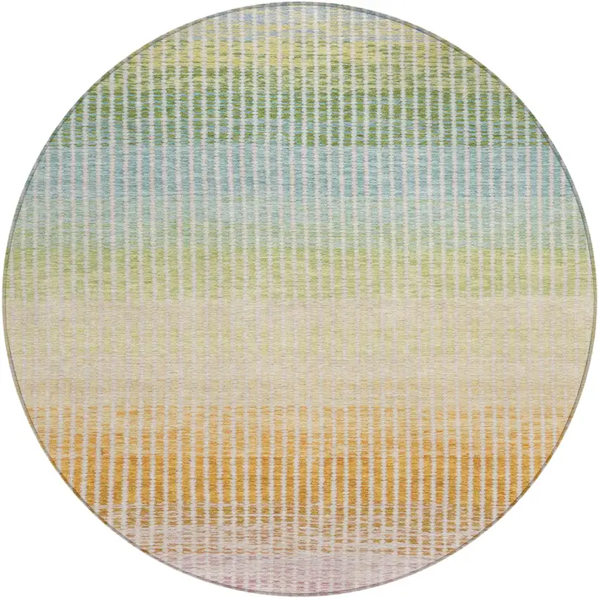 8' Salmon Blue And Peach Round Striped Washable Indoor Outdoor Area Rug Photo 2