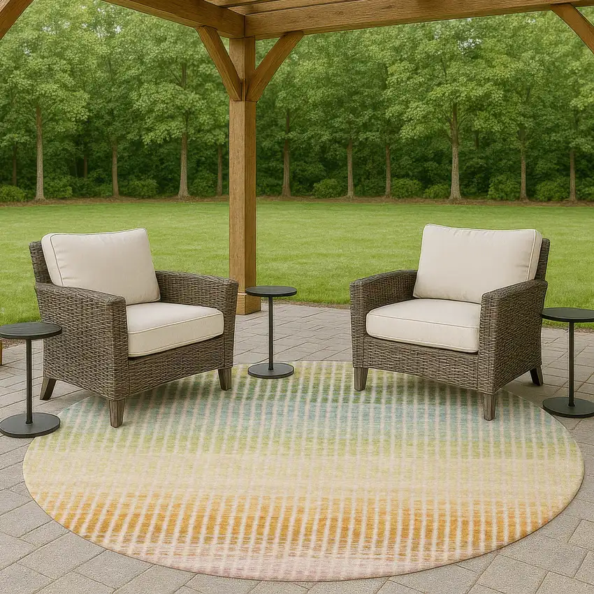 8' Salmon Blue And Peach Round Striped Washable Indoor Outdoor Area Rug Photo 8