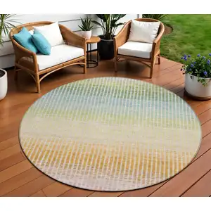 Photo of 8' Salmon Blue And Peach Round Striped Washable Indoor Outdoor Area Rug