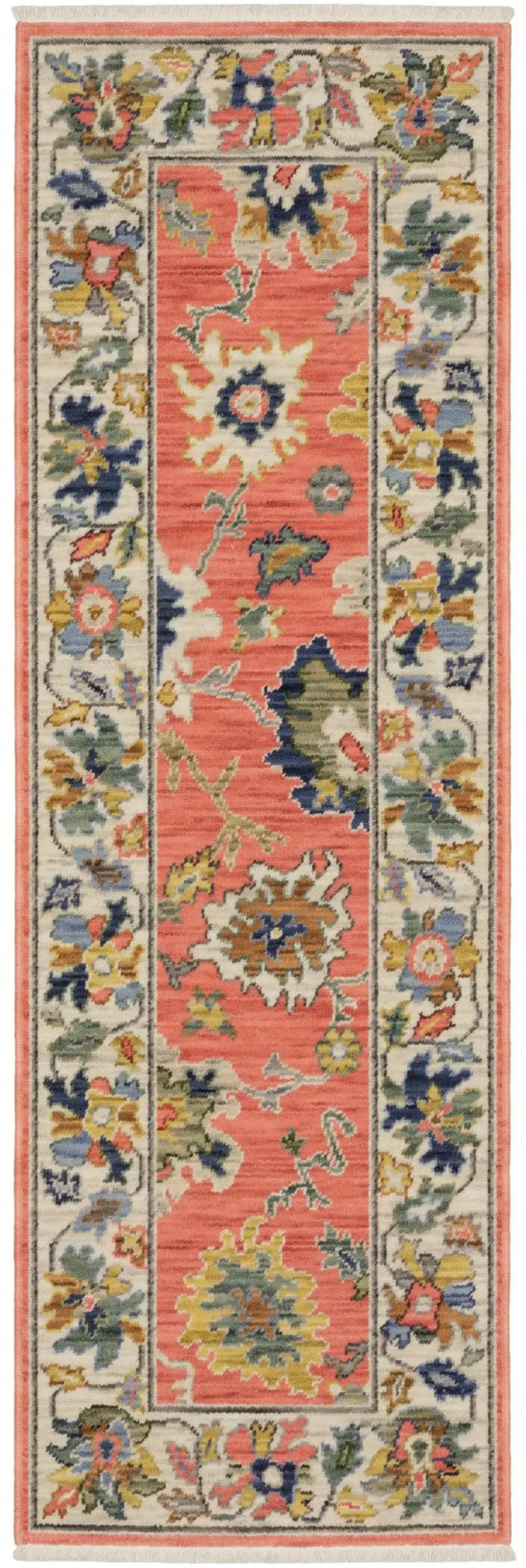 6' Salmon Blue And Yellow Oriental Runner Rug With Fringe Photo 2
