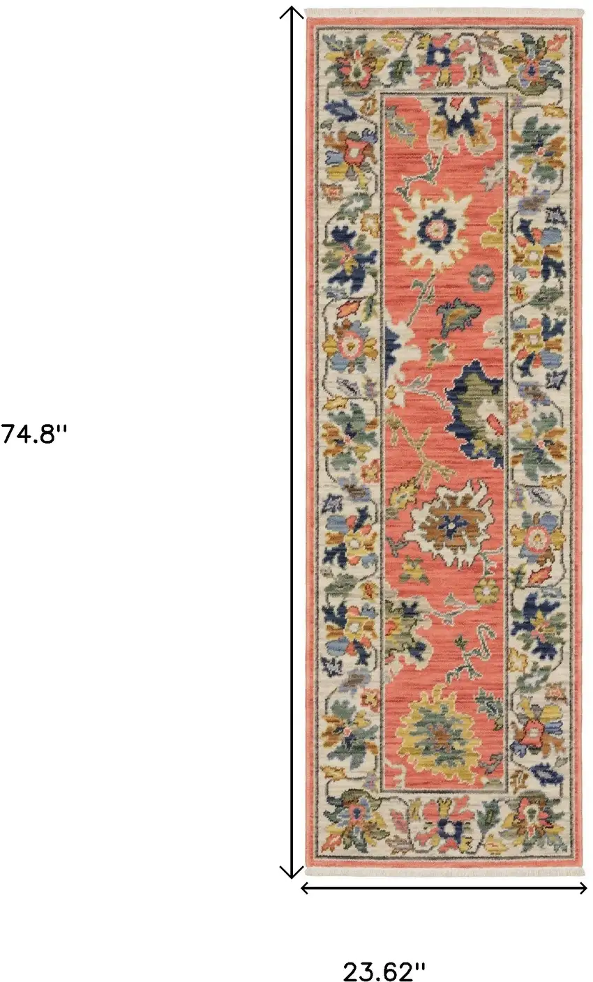 6' Salmon Blue And Yellow Oriental Runner Rug With Fringe Photo 3