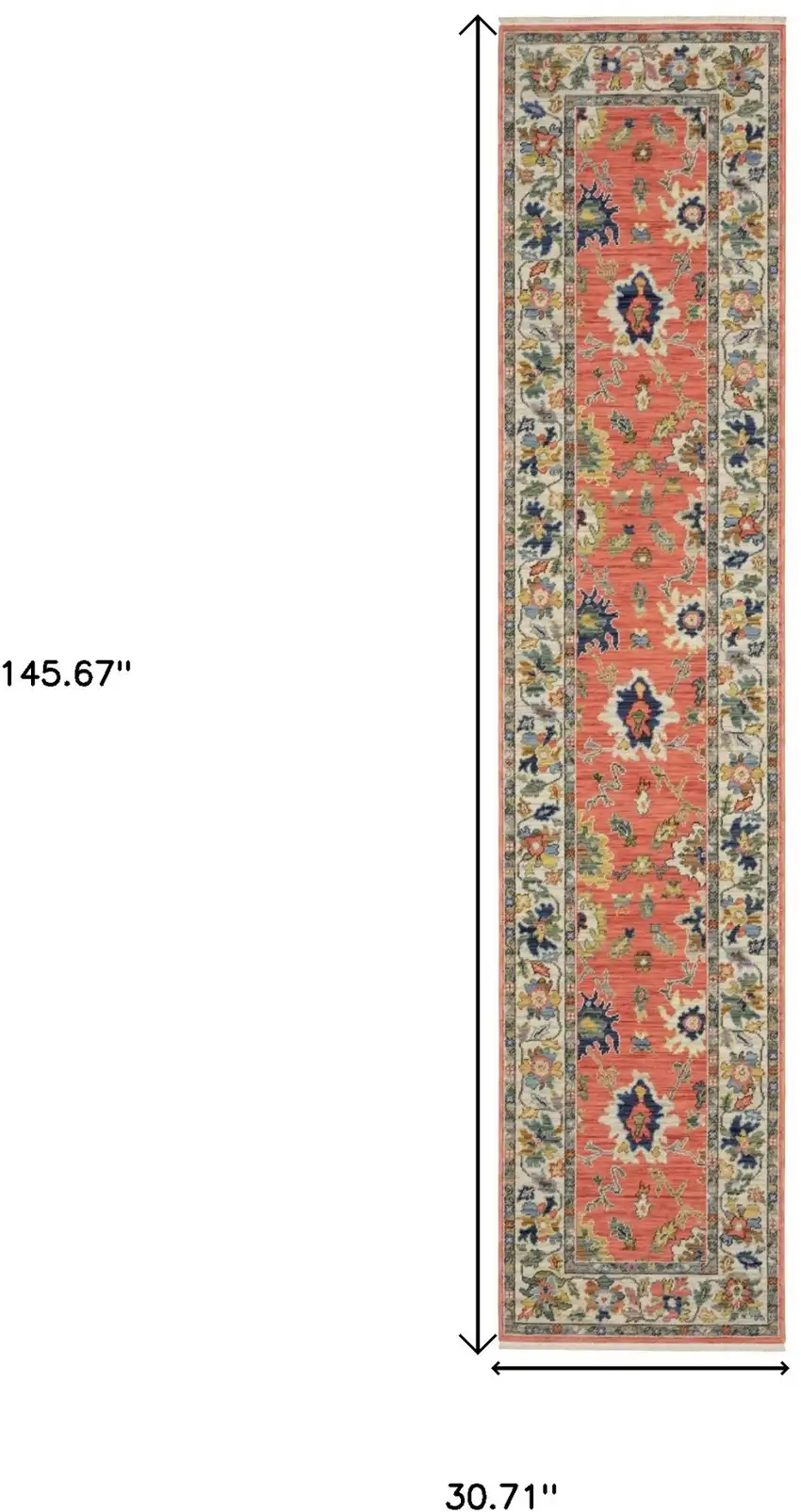 12' Salmon Blue And Yellow Oriental Runner Rug With Fringe Photo 3