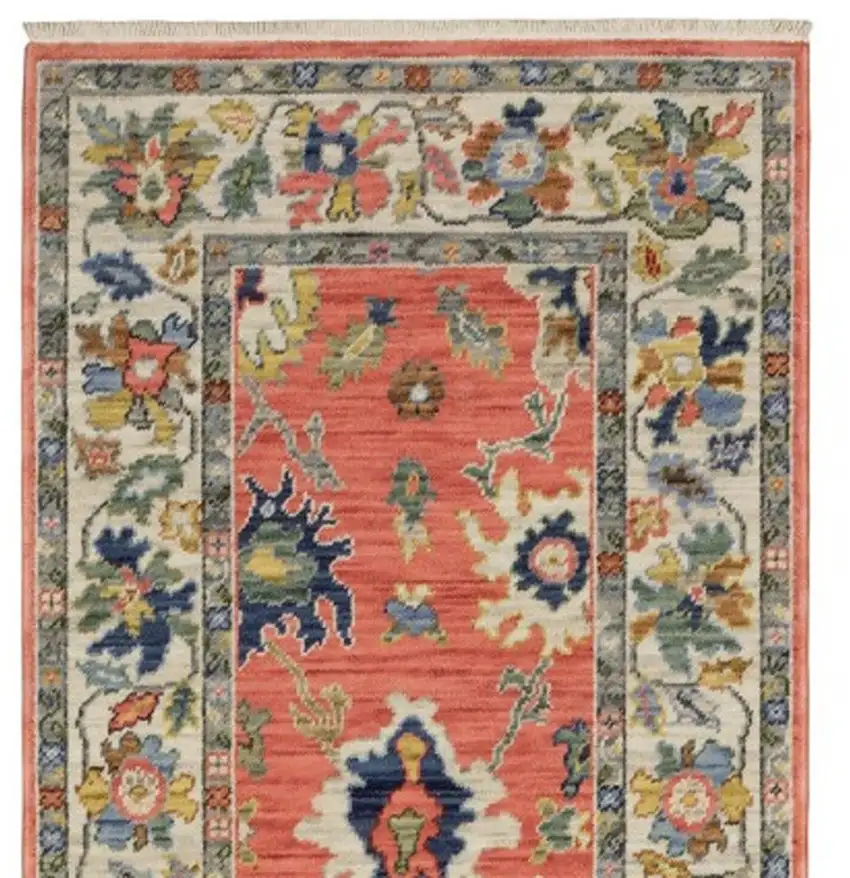 12' Salmon Blue And Yellow Oriental Runner Rug With Fringe Photo 5