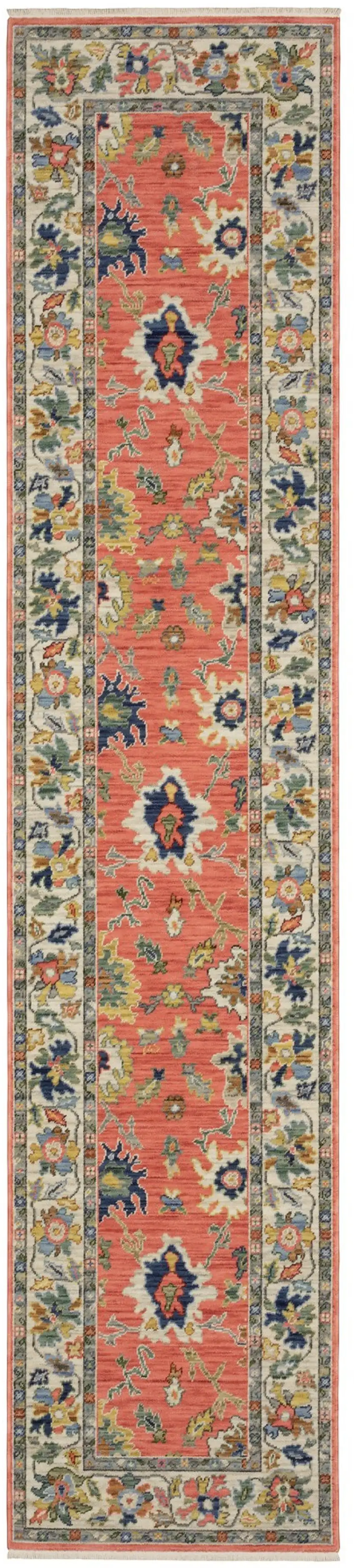 12' Salmon Blue And Yellow Oriental Runner Rug With Fringe Photo 2