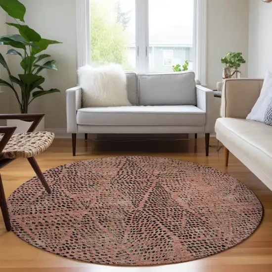 8' Salmon Charcoal And Beige Round Geometric Washable Indoor Outdoor Area Rug Photo 6