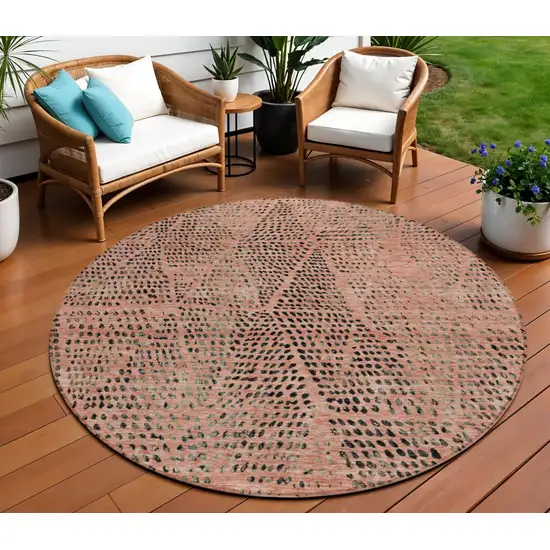 8' Salmon Charcoal And Beige Round Geometric Washable Indoor Outdoor Area Rug Photo 1