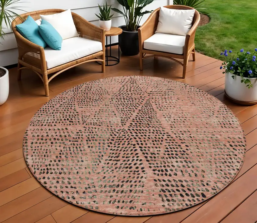 8' Salmon Charcoal And Beige Round Geometric Washable Indoor Outdoor Area Rug Photo 1