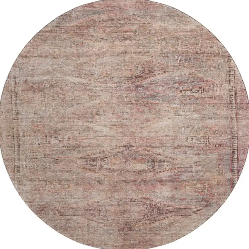 8' Salmon Copper And Beige Abstract Geometric Washable Round Rug With UV Protection Photo 2