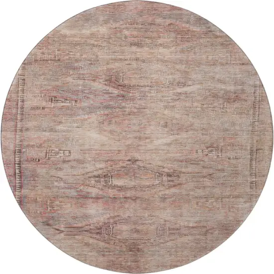 8' Salmon Copper And Beige Abstract Geometric Washable Round Rug With UV Protection Photo 3