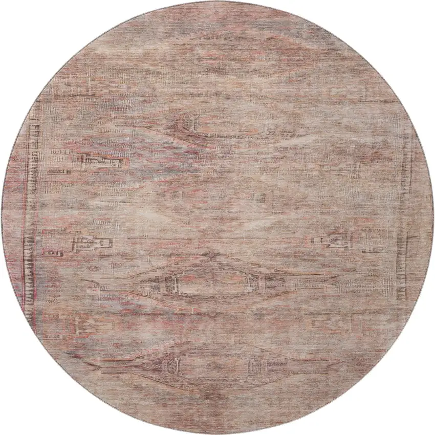 8' Salmon Copper And Beige Abstract Geometric Washable Round Rug With UV Protection Photo 3