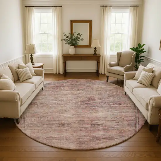 8' Salmon Copper And Beige Abstract Geometric Washable Round Rug With UV Protection Photo 4