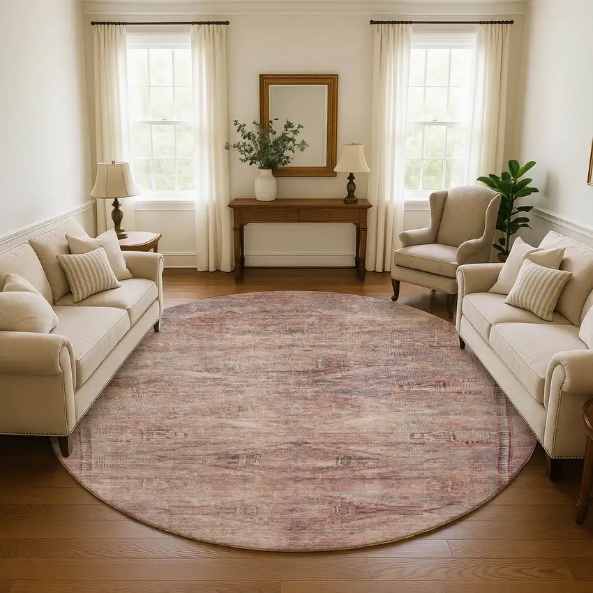 8' Salmon Copper And Beige Abstract Geometric Washable Round Rug With UV Protection Photo 4