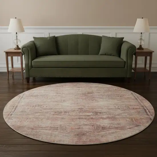 8' Salmon Copper And Beige Abstract Geometric Washable Round Rug With UV Protection Photo 2