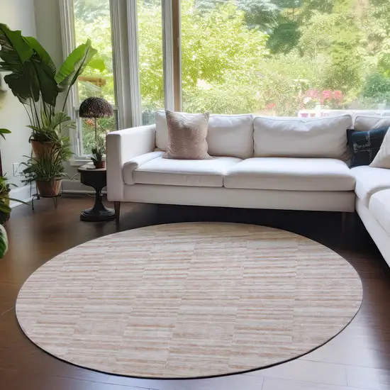 8' Salmon Copper And Beige Round Striped Washable Indoor Outdoor Area Rug Photo 7