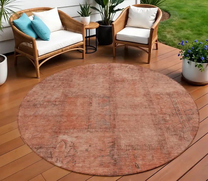 8' Salmon Copper And Gray Round Patchwork Washable Indoor Outdoor Area Rug Photo 1
