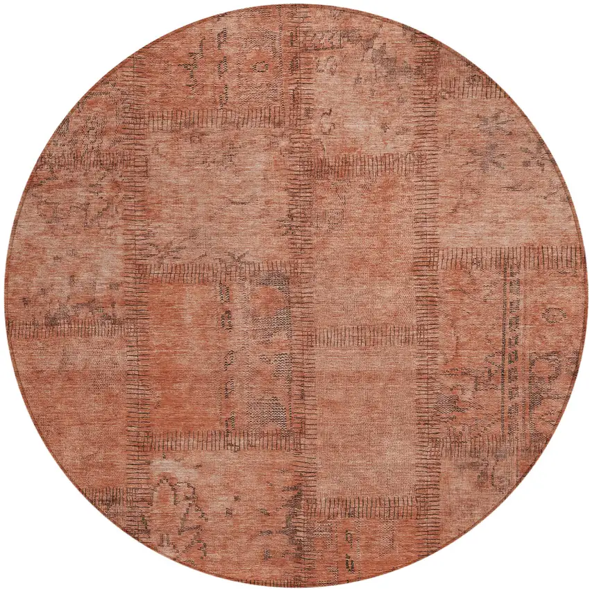 8' Salmon Copper And Gray Round Patchwork Washable Indoor Outdoor Area Rug Photo 2