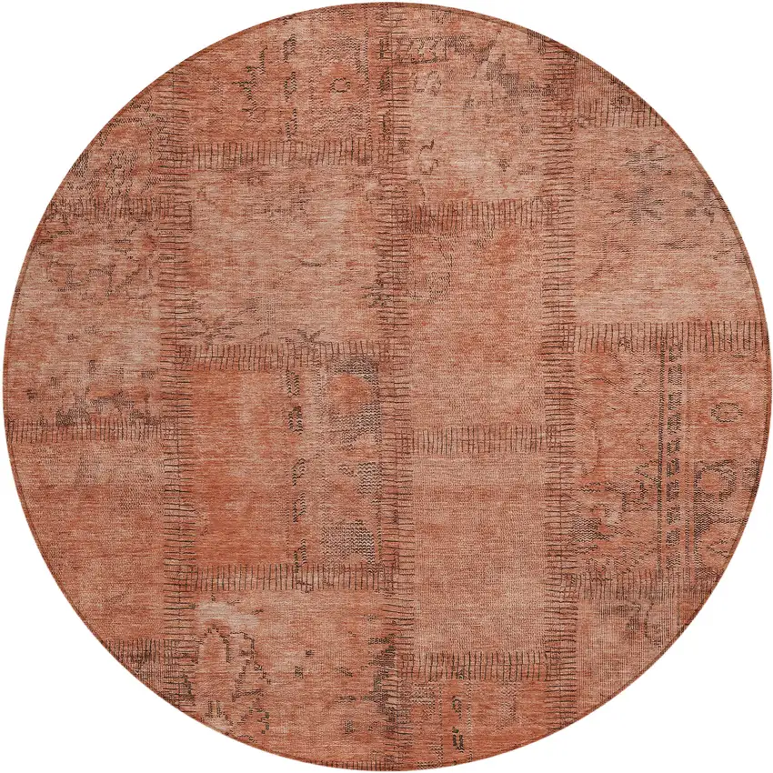 8' Salmon Copper And Gray Round Patchwork Washable Indoor Outdoor Area Rug Photo 2