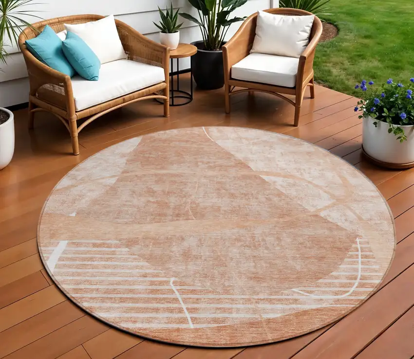 8' Salmon Copper And Ivory Round Abstract Washable Indoor Outdoor Area Rug Photo 1