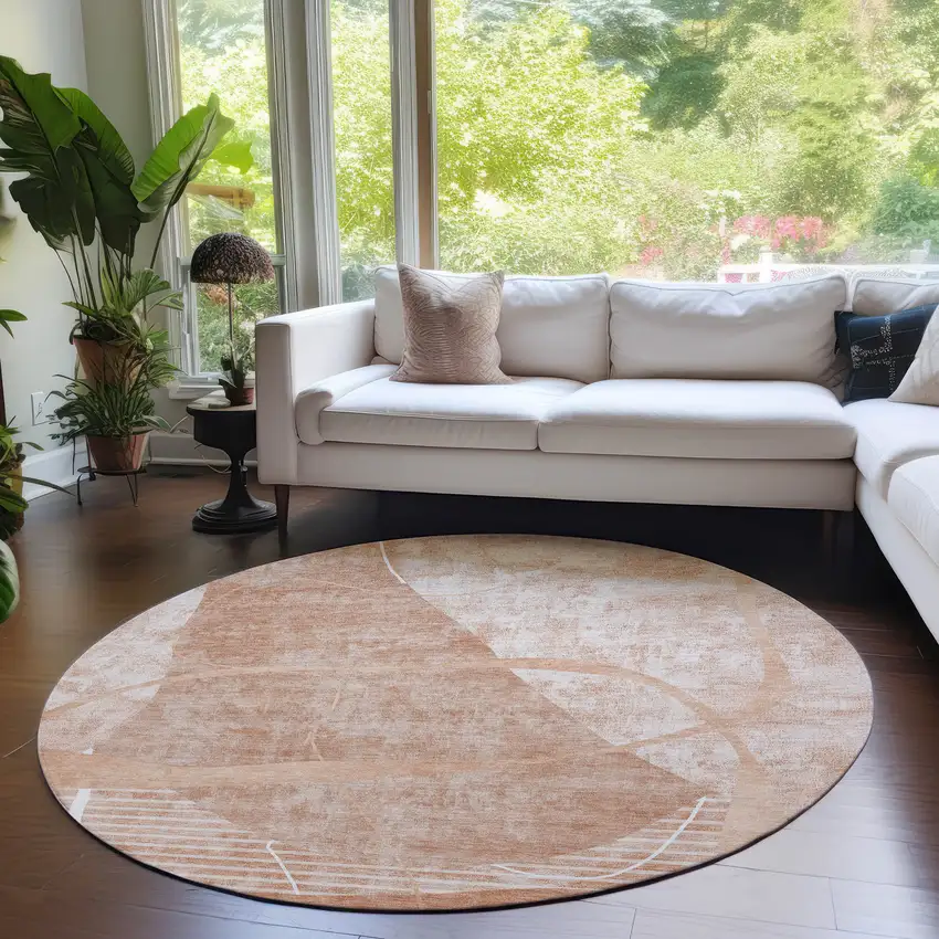 8' Salmon Copper And Ivory Round Abstract Washable Indoor Outdoor Area Rug Photo 7