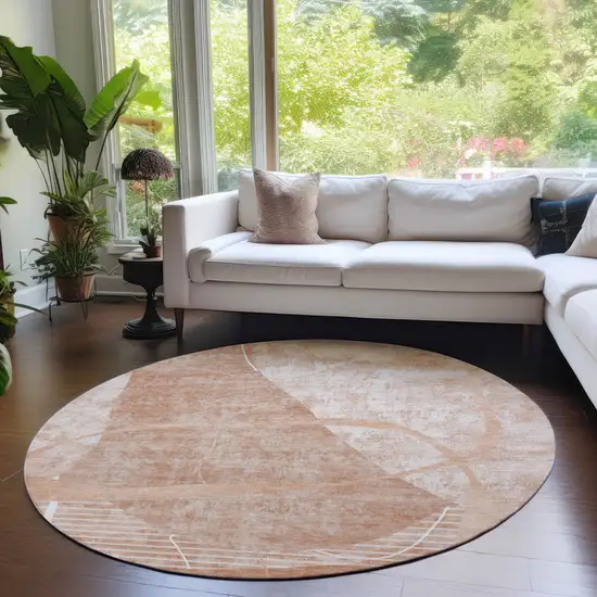 8' Salmon Copper And Ivory Round Abstract Washable Indoor Outdoor Area Rug Photo 7
