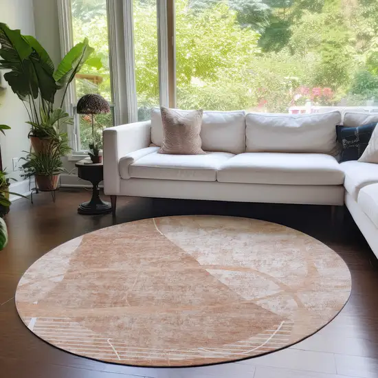 8' Salmon Copper And Ivory Round Abstract Washable Indoor Outdoor Area Rug Photo 7