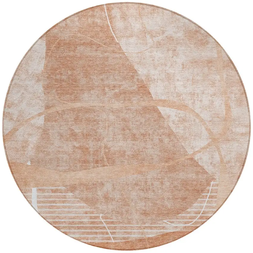 8' Salmon Copper And Ivory Round Abstract Washable Indoor Outdoor Area Rug Photo 5