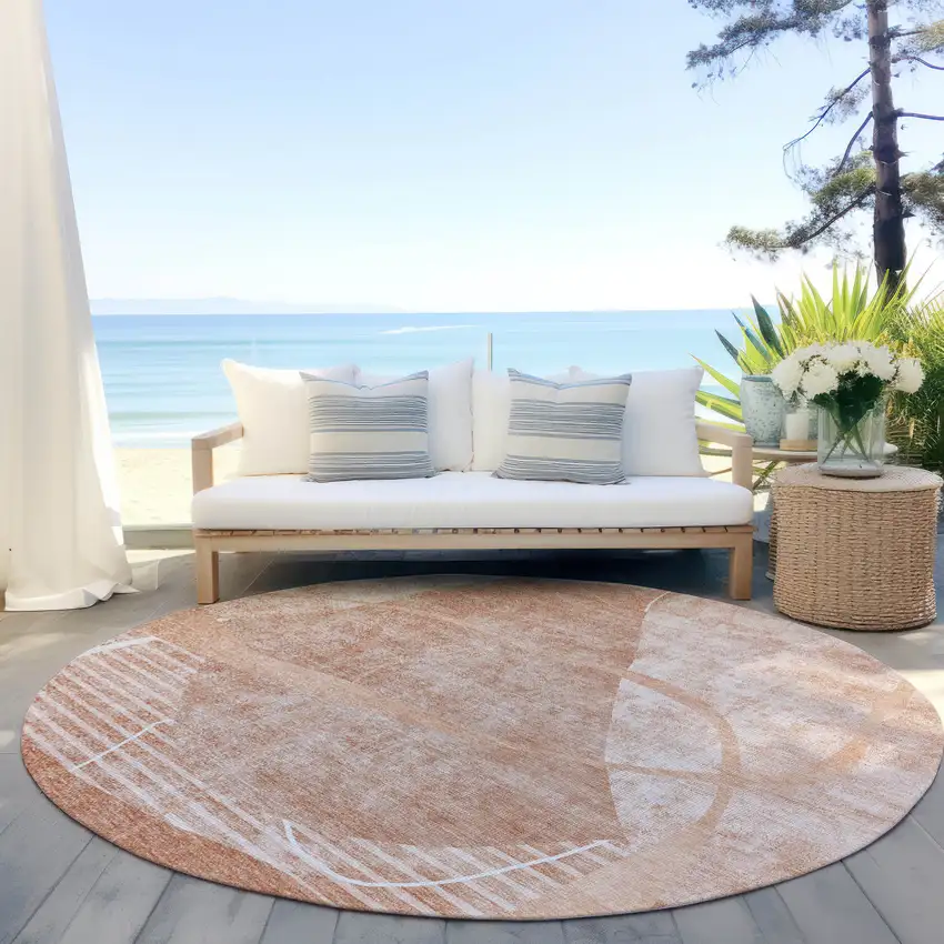 8' Salmon Copper And Ivory Round Abstract Washable Indoor Outdoor Area Rug Photo 6