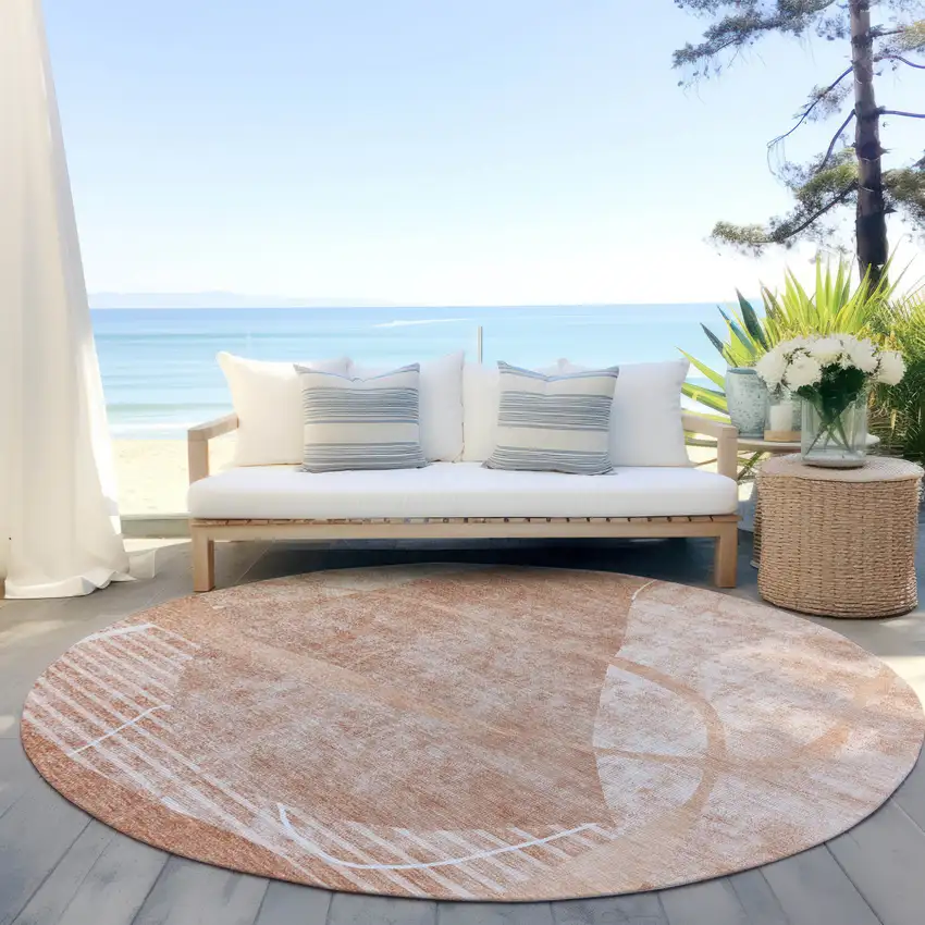 8' Salmon Copper And Ivory Round Abstract Washable Indoor Outdoor Area Rug Photo 6