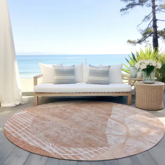 8' Salmon Copper And Ivory Round Abstract Washable Indoor Outdoor Area Rug Photo 6