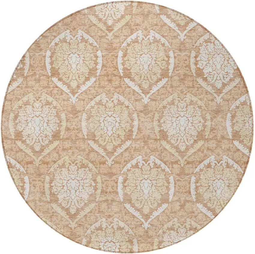 8' Salmon Copper And Ivory Round Medallion Washable Indoor Outdoor Area Rug Photo 3