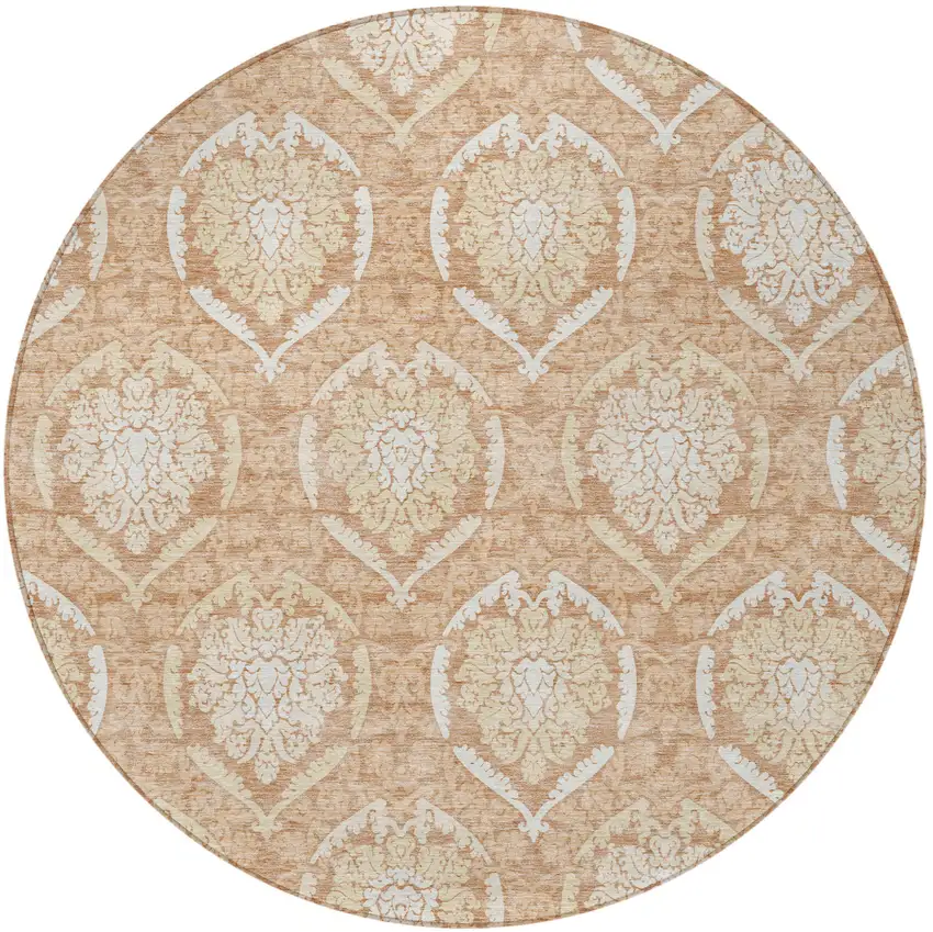 8' Salmon Copper And Ivory Round Medallion Washable Indoor Outdoor Area Rug Photo 3
