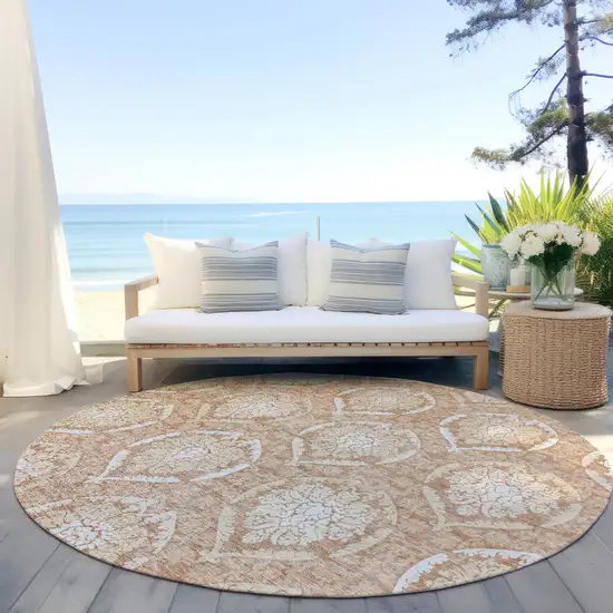 8' Salmon Copper And Ivory Round Medallion Washable Indoor Outdoor Area Rug Photo 6